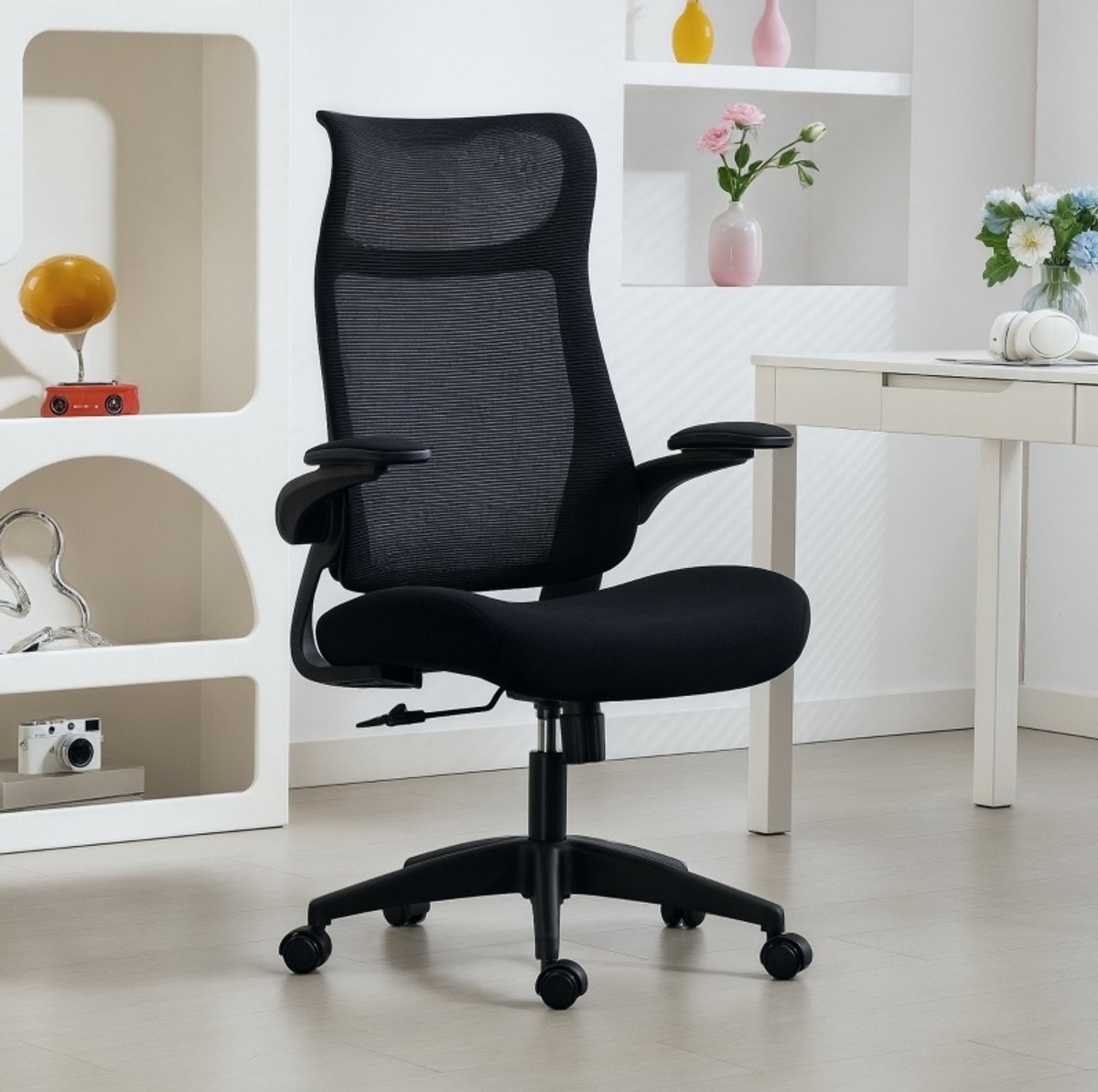 DESMIU Bureaustoel 64 x 65 x 108-118 cm - Ergonomisch Met S-Vormige Rugleuning, Hoofdsteun En 3D-Armleuningen - Voor Kantoor - Zwart