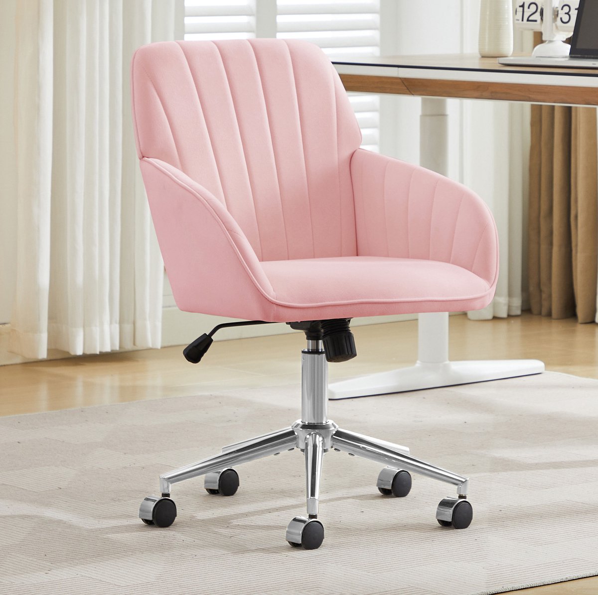DESMIU Bureaustoel 62 x 60 x 97 cm - Ergonomisch Hoogteverstelbaar 50-59 cm - Draaibaar Voor Kantoor En Slaapkamer - Fluweel Roze