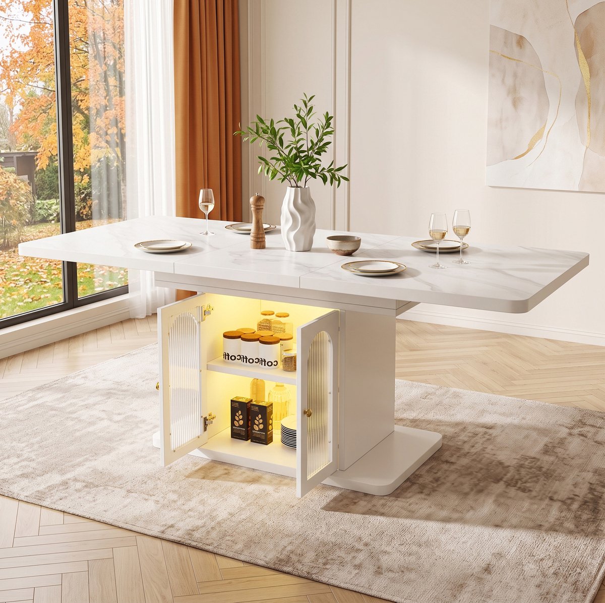 OKWISH Eettafel - Uitschuifbaar 150 Tot 200 Cm - Voor 6 Tot 8 Personen - Met Opbergruimte En LED-Verlichting - MDF Wit Marmerlook