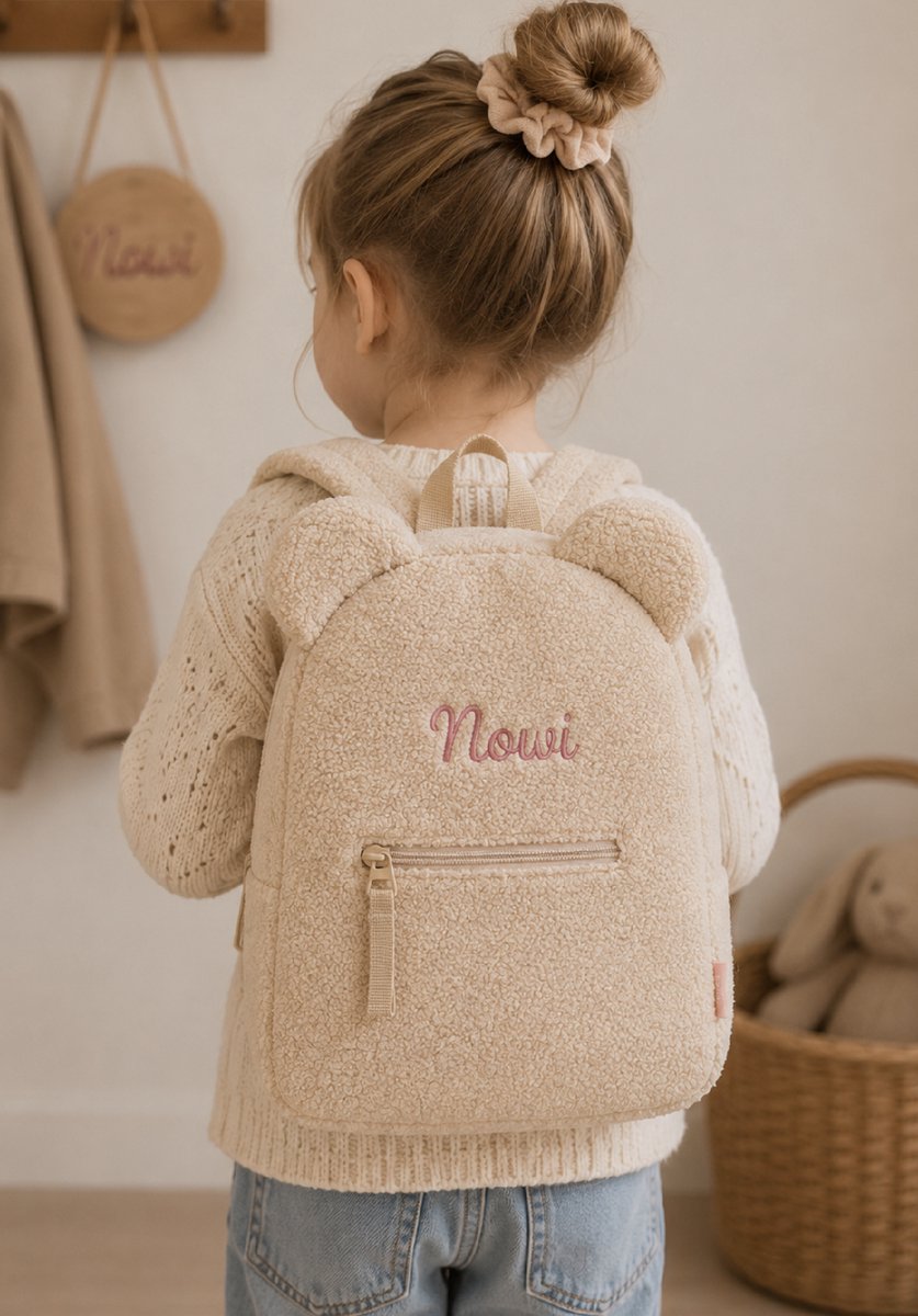 Teddy rugtas beige met naam geborduurd - prêt schooltas - peuter tas - BolleToet
