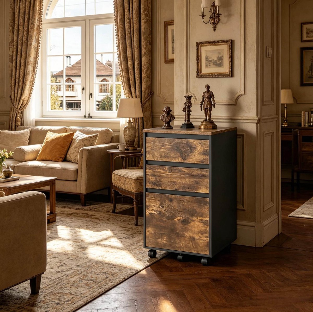 OKWISH Archiefkast – Mobiele Opbergkast Met 3 Laden En Bovenblad – Met Wielen Voor Kantoor En Slaapkamer – Zwart Donkereik – 40x40x70 cm