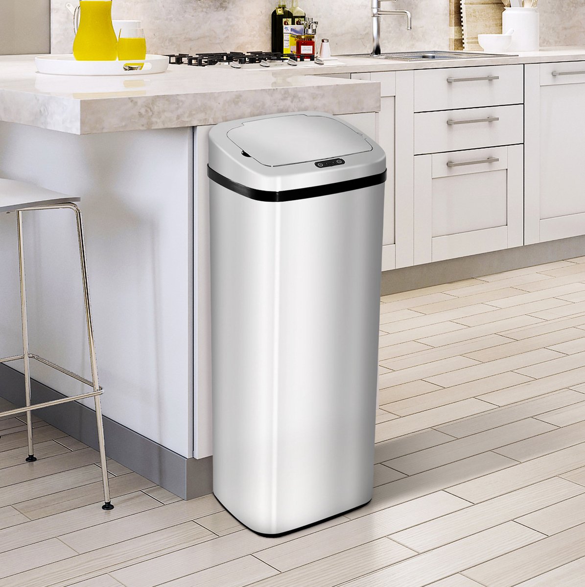 MIVRAY Sensorprullenbak – Automatische Dekselopening – 67 L 33 x 25 x 84 cm – Metaal – Zilver – Voor Keuken En Woonruimte