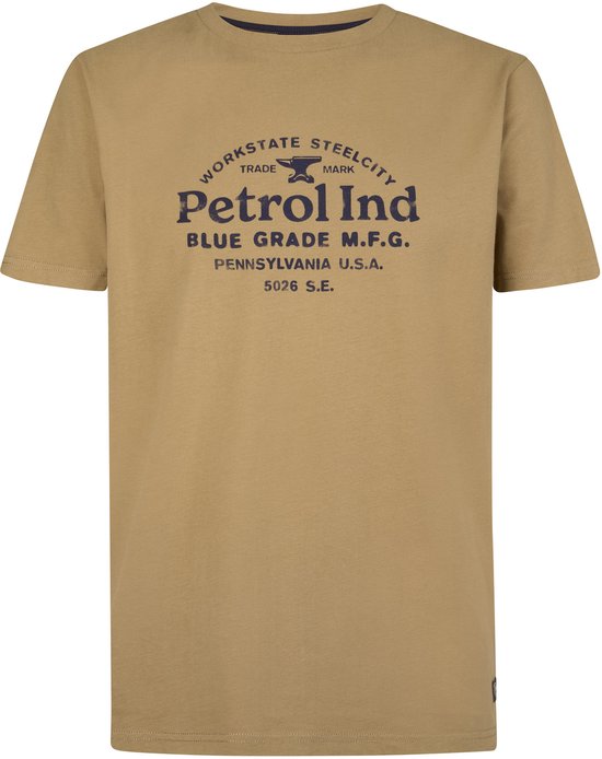 Kaki t-shirt met ronde hals en donkerblauwe opdruk 'Petrol Ind Blue Grade M.F.G. Pennsylvania U.S.A. 5026 S.E.'