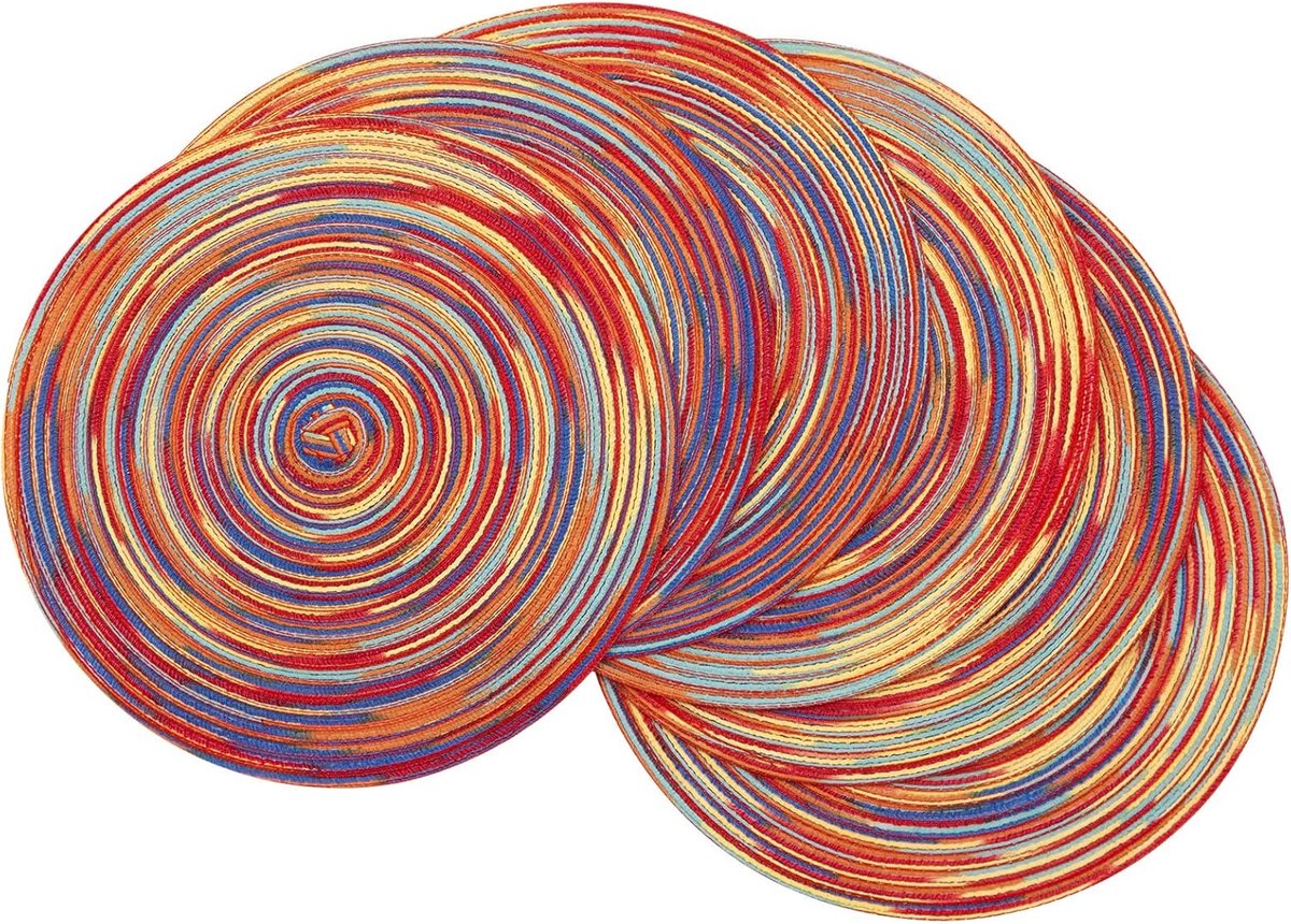 Ronde Gevlochten Placemats - Set van 6 - Diameter 38 cm - Regenboog Rood - Voor Eettafel en Feestdecoratie