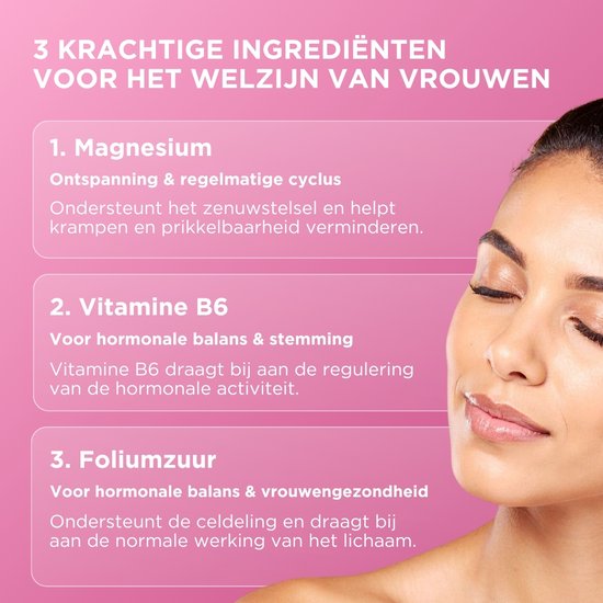 Close-up van een vrouw met gesloten ogen, met tekst over magnesium, vitamine B6 en foliumzuur voor het welzijn van vrouwen.