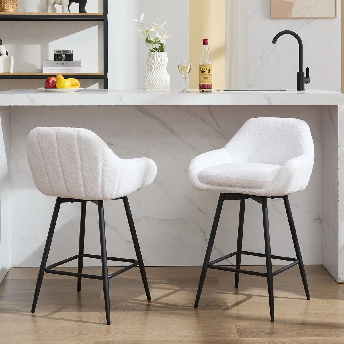 RosaBloom Barkrukken - Draaibare Stoelen - Barstoelen - Keukenkrukken - Sherpa Bekleding - Set van 2 - 54.1x50x88.9 cm - Metaal en Knuffelfleece - Wit