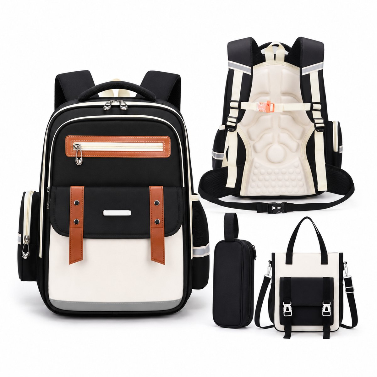 VHV - Schoolrugzak 3-delige set - met bijtas en etui - 28L - voor jongens en meisjes - Zwart
