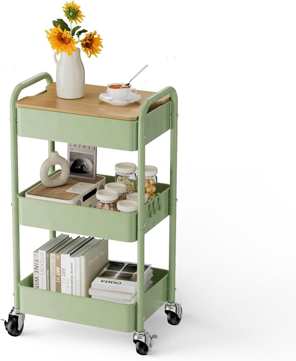 Multifunctionele 3-laagse serveertrolley met tafelblad, metalen opbergwagen op wielen, ideaal voor keuken en badkamer, stabiele organizer met planken