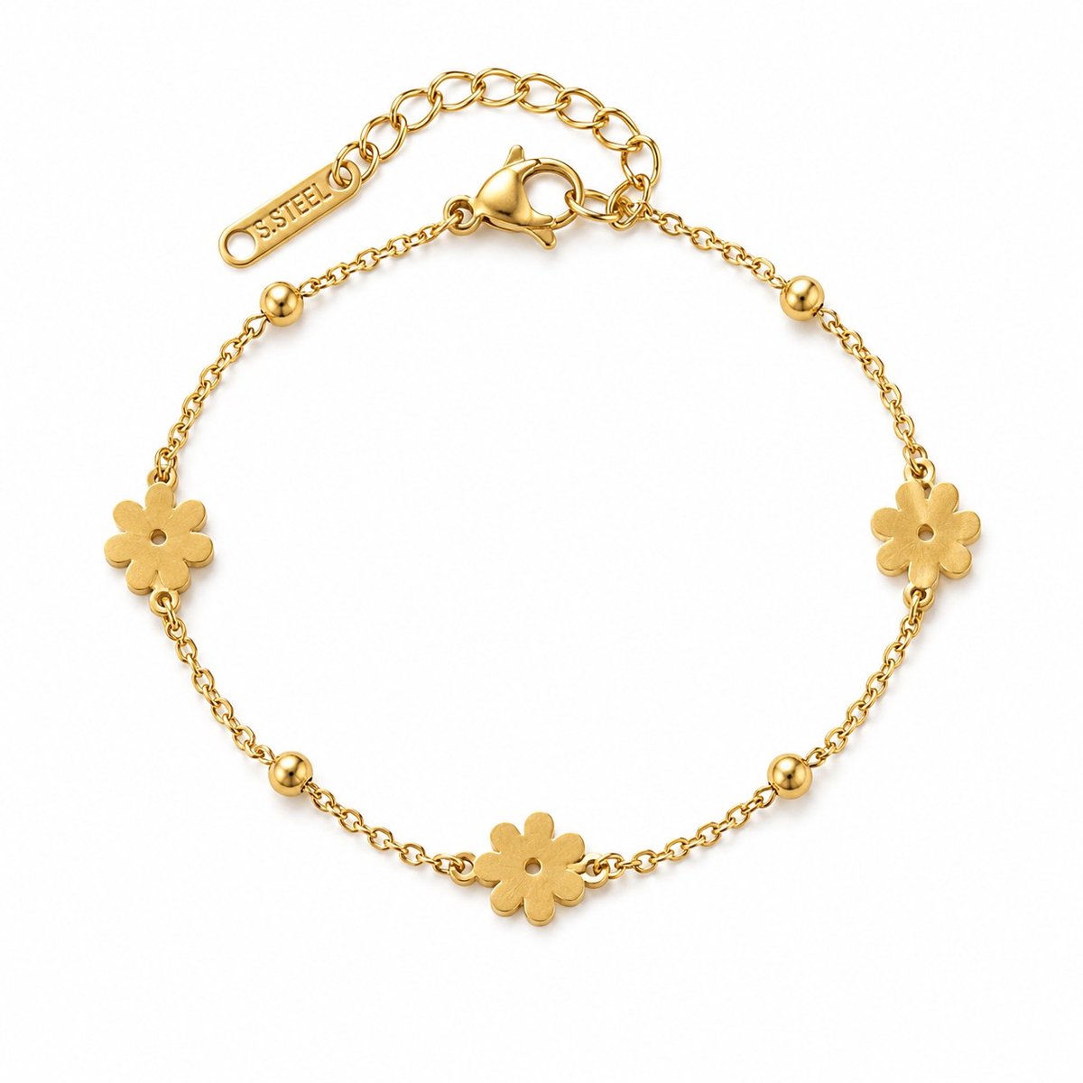 Armband Meisje- Goudkleurig- Bloemetjes Bedelarmband- Meisjes Armband- Armbandje Meisje- Stainless Steel-Kind- LiLaLove- Armband Bloem Bolletjes