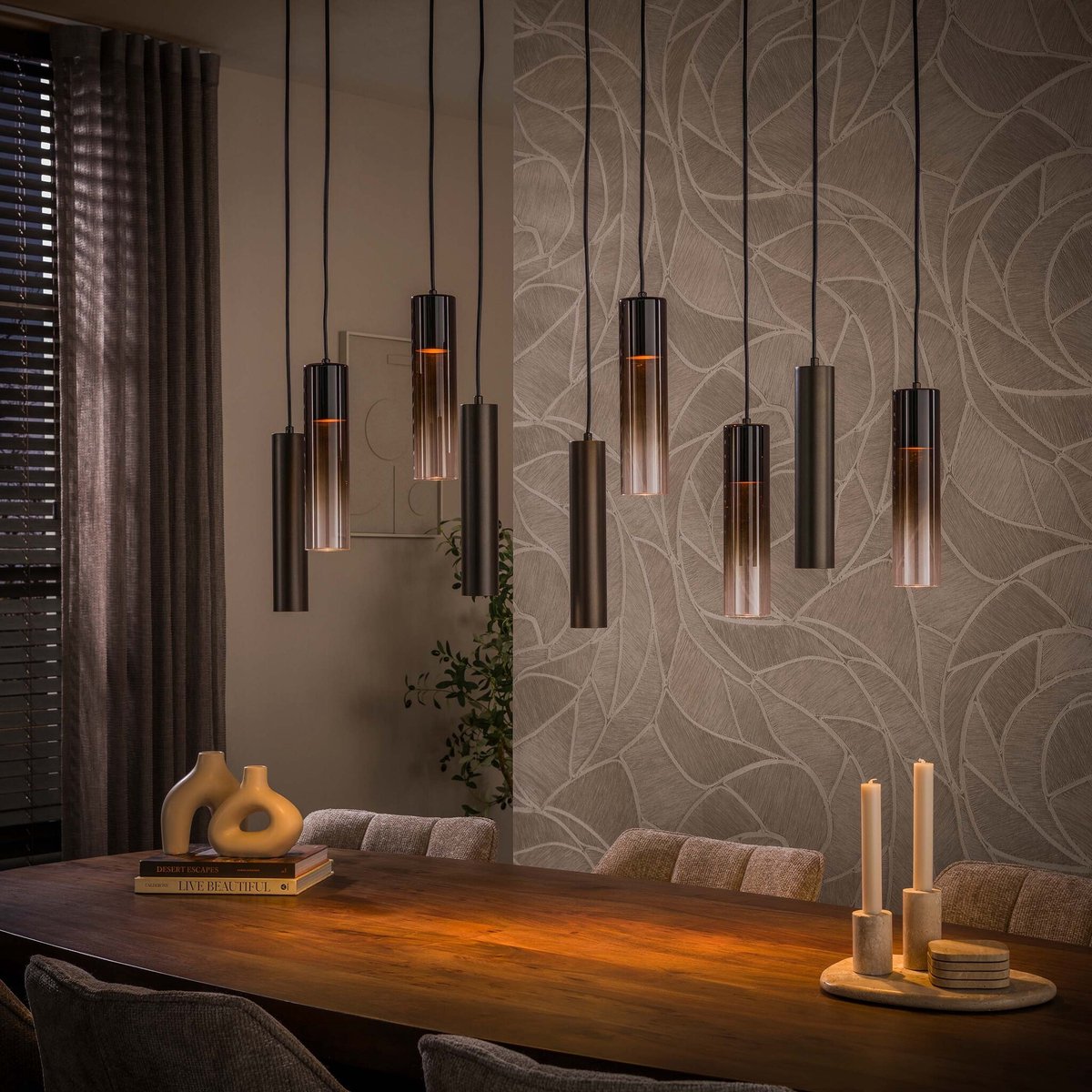 PS-Collection Hanglamp Bruin Glas Metaal 9-lichts - Lungo - hanglampen eetkamer, hanglamp zwart, hanglampen woonkamer, hanglamp slaapkamer, hanglamp kinderkamer, hanglamp rotan, hanglamp hout, hanglamp industrieel