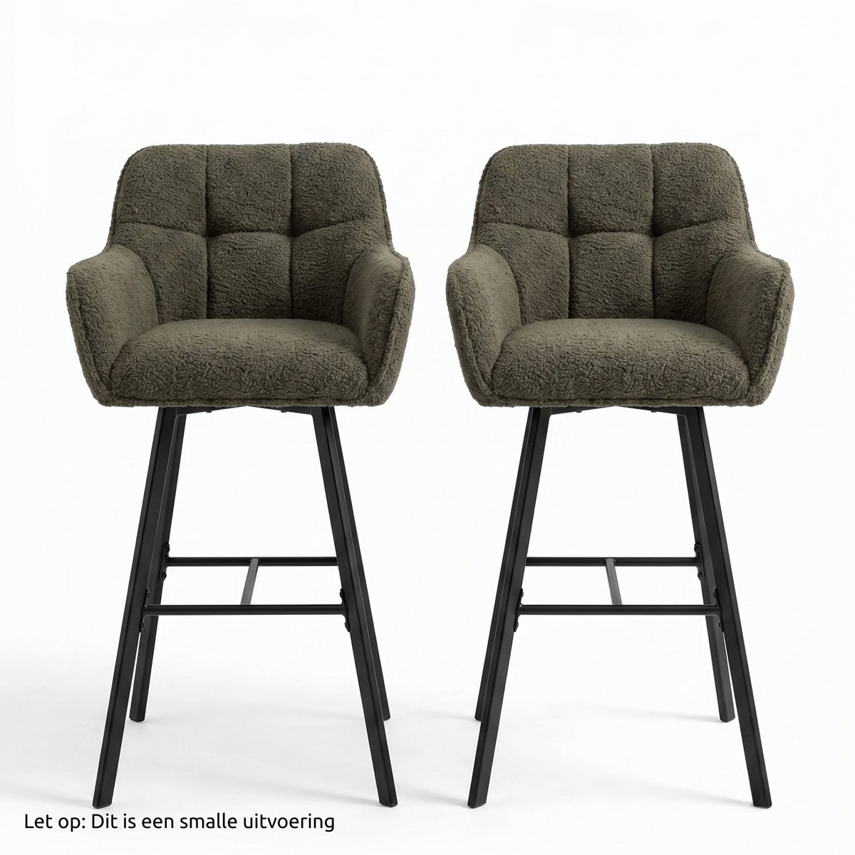 Fino Modo Barstoel - Vero Noce - Teddy Stof - Antraciet Grijs – Set van 2 | Bouclé Barkruk met Rugleuning | Zwart Metalen Frame | Kookeiland Stoel Olijfgrijs