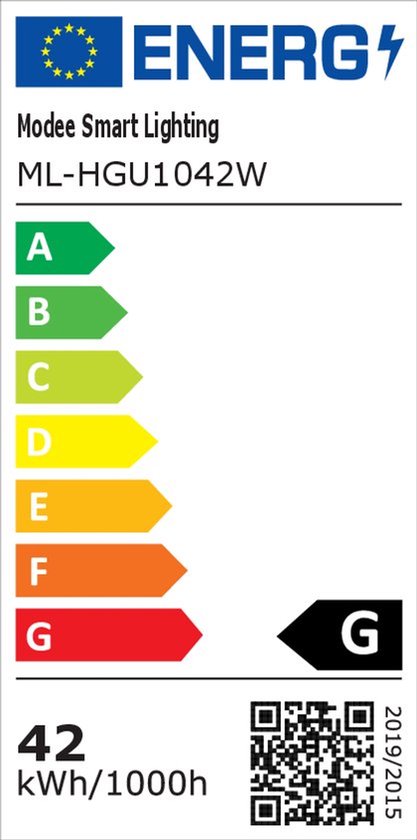 Energie-etiket voor Modee Smart Lighting ML-HGU1042W, energieklasse G, 42 kWh/1000h.