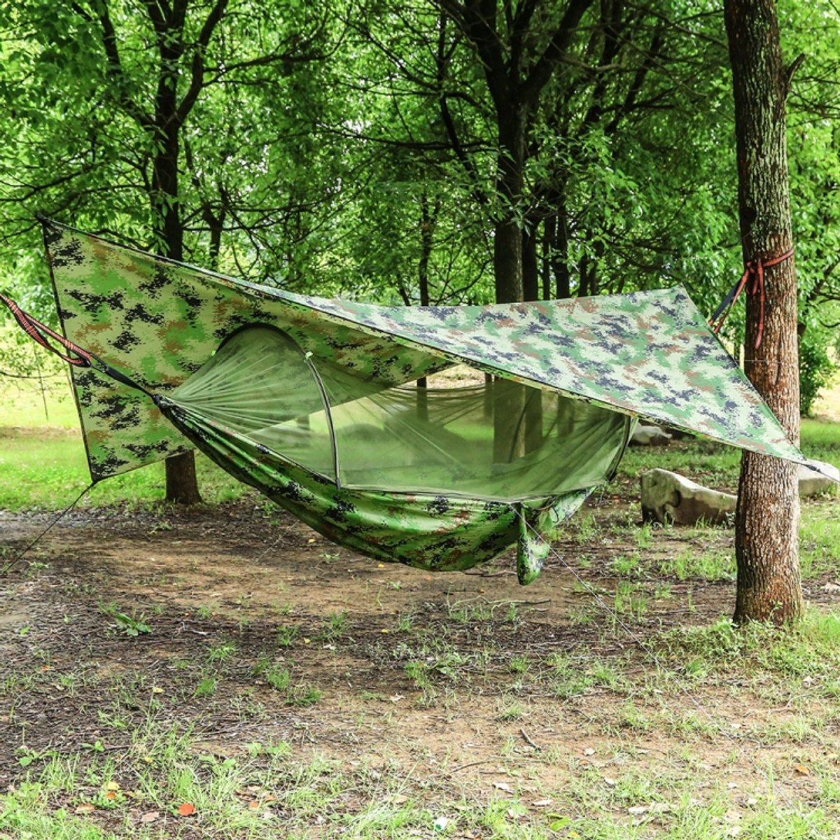250 x 120 cm anti-muggen hangmat en zeilset waterdicht zonnescherm kampeerbenodigdheden (camouflage + camouflage)