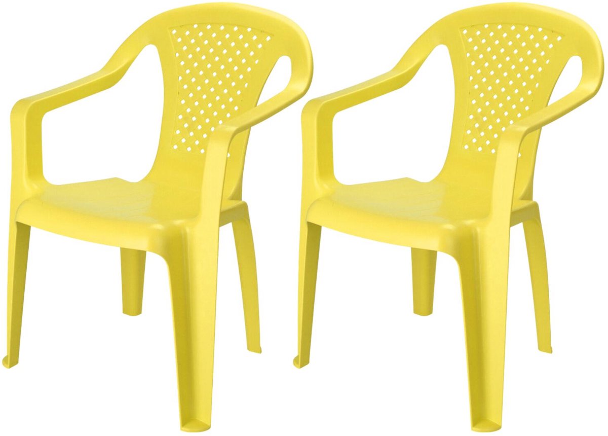 Pro Garden Stoeltjes voor kinderen - 2x - geel - 38 x 52 cm - voor binnen en buiten - kunststof - voor kinderen van 3 tot 7/8 jaar - stapelbaar