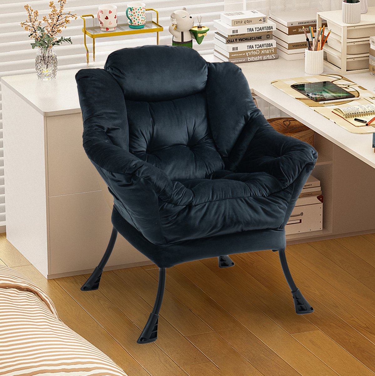 MIVRAY Fauteuil - Relaxstoel Met Metalen Frame - Comfortabele Lazy Chair Voor Woonkamer Balkon En Tuin - Fluweel Zwart
