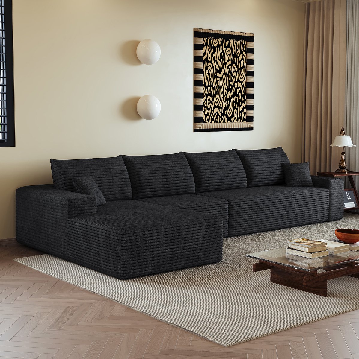 MIVRAY Hoekbank 340 cm - Modulaire Chaise Longue Met Diepe Zitting Zonder Montage - Voor Woonkamer Slaapkamer Appartement - Stof Zwart