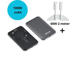 NOVJO® Powerbank 10.000 mAh – MagSafe Geschikt – 20W PD Snelladen – 15W Magnetisch Draadloos Opladen – USB-C – Aluminium – Zwart