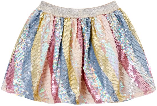 Meisjesrok met verticale paillettenbanen in pastelkleuren: roze, goud, blauw en zilver.
