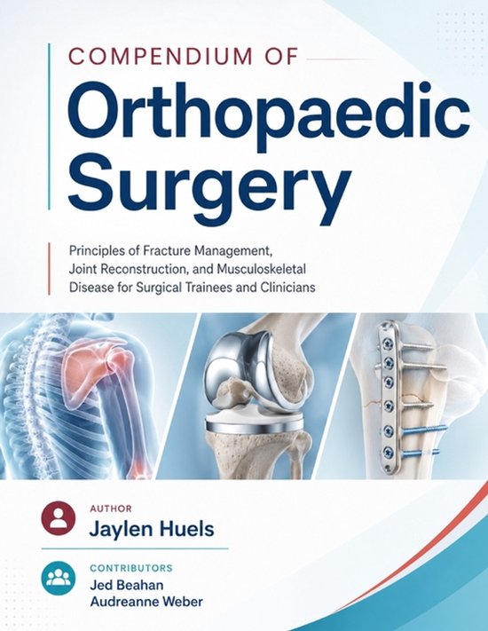 Boekomslag 'Compendium of Orthopaedic Surgery' met medische illustraties van gewrichten en chirurgische implantaten.