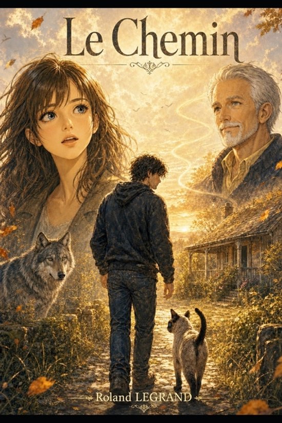 Une jeune femme, un vieil homme, un jeune homme, un loup et un chat sur un sentier d'automne. Titre : Le Chemin.
