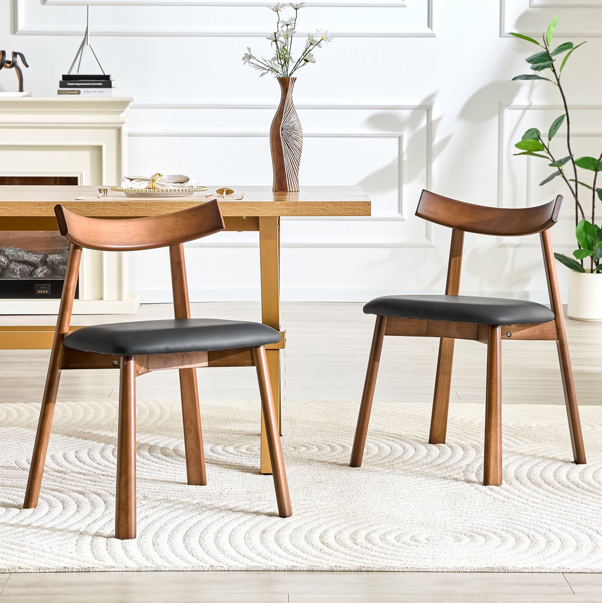 OKWISH Eetkamerstoel - Set Van 2 Met Ergonomische Houten Rugleuning - Scandinavisch Voor Eetkamer Of Keuken - Rubberhout - Zwart
