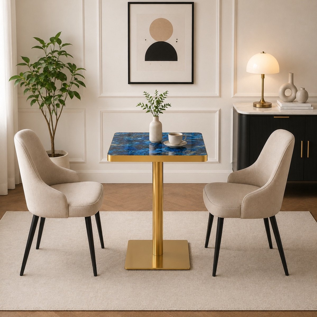 Wishdor - Tafel - Vierkante eettafel met marmereffect - centrale zuil en stabiele voetplaat - modern - voor eetkamer, bistro of koffiehoek - houtlook en metaal - blauw - 60 x 60 x 74 cm