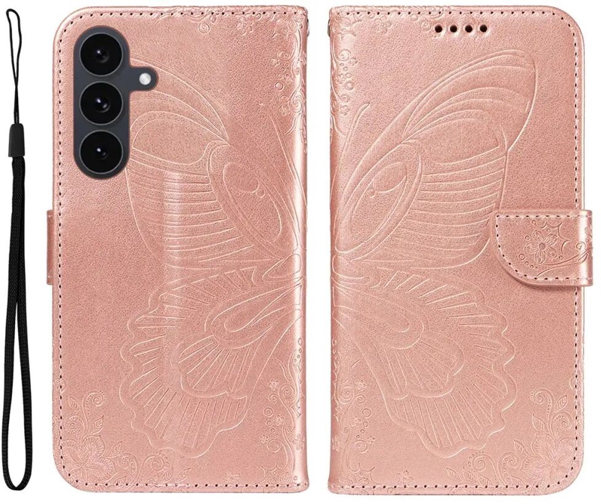 Hoesje Geschikt voor Samsung Galaxy S25 FE | Wallet Book Case Vlinder Kunstleer | Portemonnee | Standaard | Roze Goud