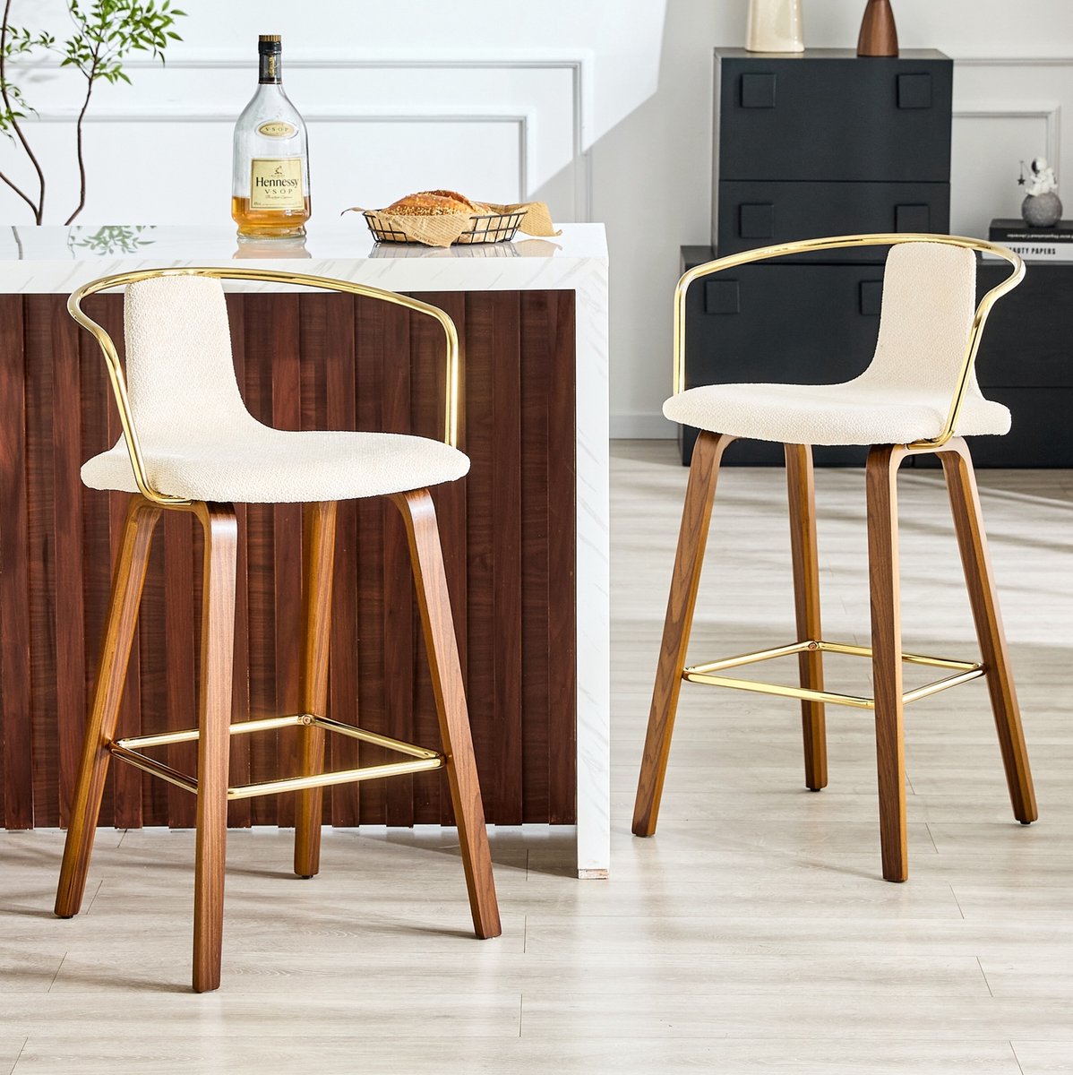 OKWISH Barkruk - Set Van 2 Met Armleuningen En Rugleuning - Scandinavisch Voor Keukeneiland En Bar - Hout En Stof - Wit