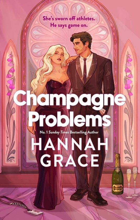 Een vrouw in een galajurk en een man in een smoking, met een fles champagne en glazen op de voorgrond. Titel: Champagne Problems.