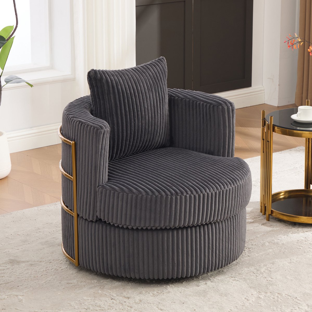 Wishdor - Fauteuil - 360° draaibaar met opbergruimte onder zitting en armleuningen - modern design - woonkamer of slaapkamer - cord stof - grijs - 79 x 76 x 78 cm