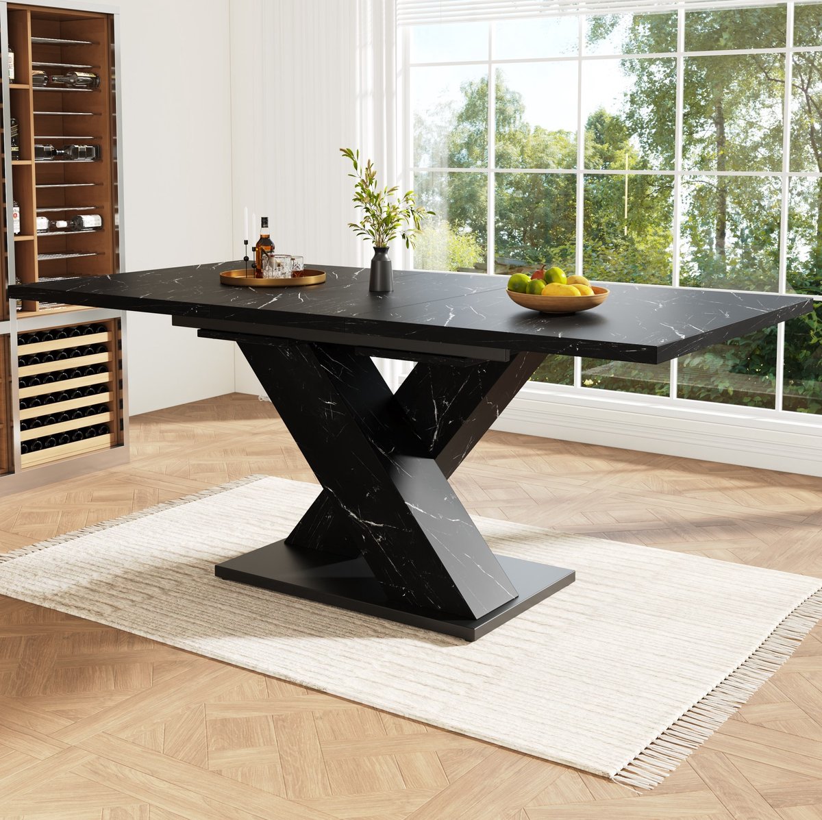 FloraGrace Eettafel - Uitschuifbaar Met Marmerlook En X-Poot - Voor Keuken En Eetkamer 4 Tot 6 Personen - MDF En Metaal - 159x80x75 Cm - Zwart
