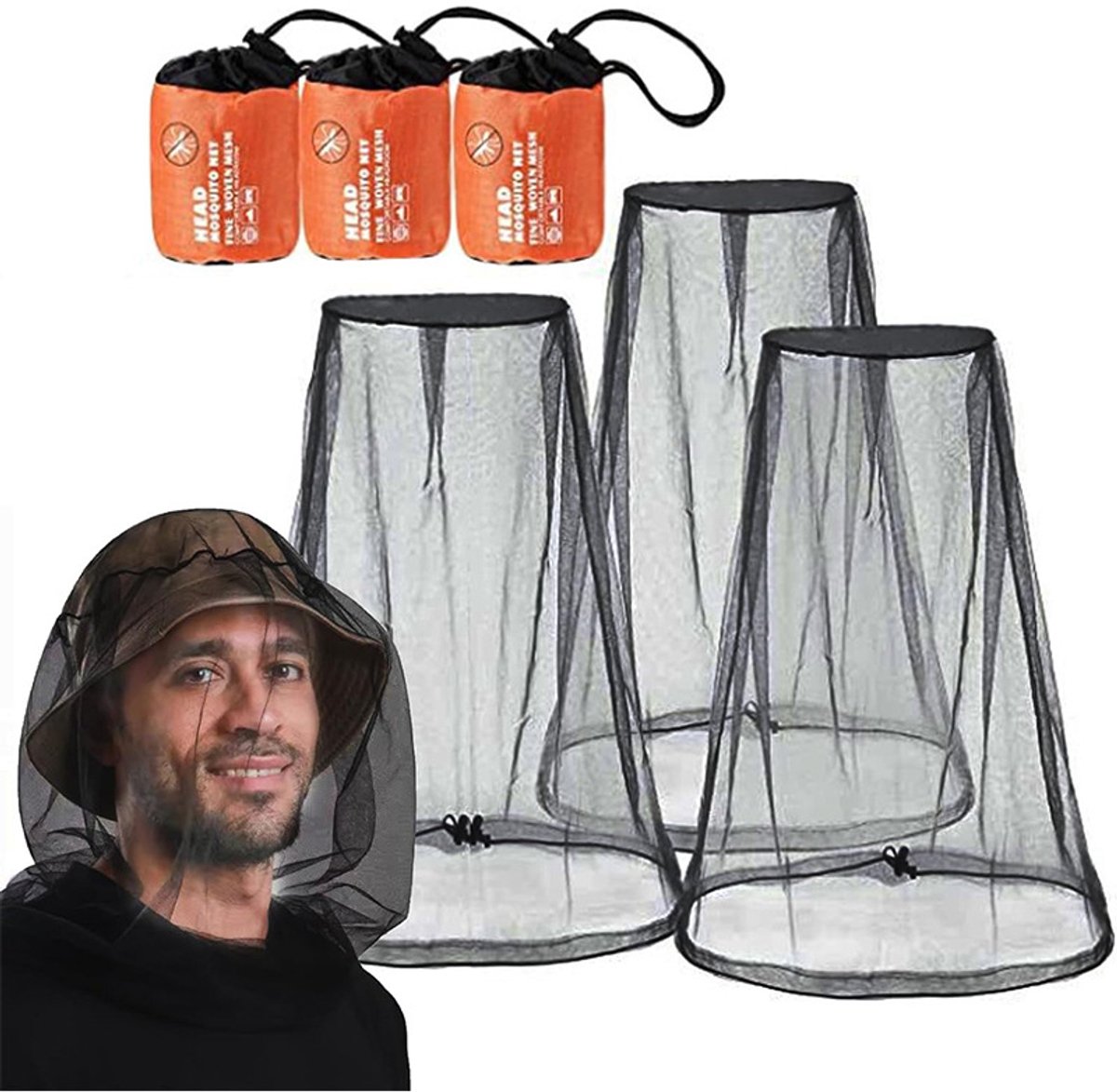 Anti-muggenhoofdnet (set van 3) – Muggenwerend hoofdnet voor de zomer / Insectenwerende gezichtssluier – Gaasnet voor kamperen, wandelen, vissen en tuinieren – Extra groot en extra lang – Ultrafijn gaas – 53 x 66 cm