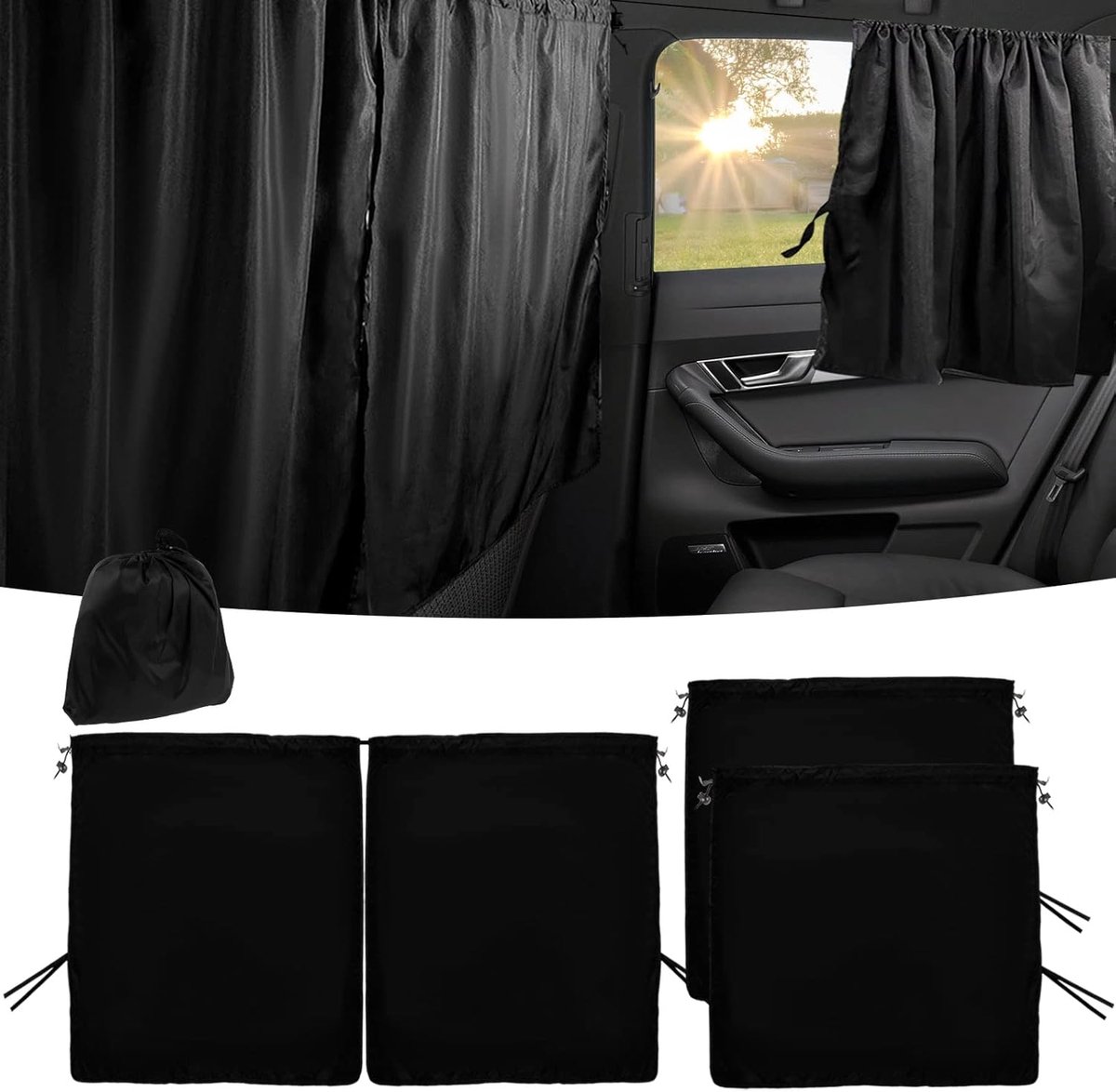 Auto Privacy Gordijnen - 3-Delige Set voor Achterbank - Autozonwering en Scheidingswand - Universeel voor Auto, SUV en Camper - Voor Privacy en Camping - Zwart
