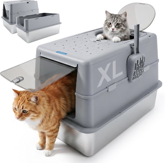 Grijze XL kattenbak met metalen onderbak, met twee katten die erin en eruit gaan. Links een kleinere variant.