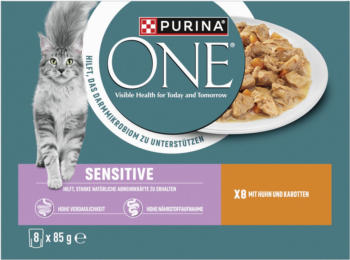 Purina One PURINA ONE SENSITIVE 8-pack kattenvoer, zachte stukjes in saus met kip en wortelen (1 x 8 x 85g)