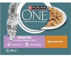 PURINA ONE SENSITIVE 8-pack kattenvoer, zachte stukjes in saus met kip en wortelen (1 x 8 x 85g)