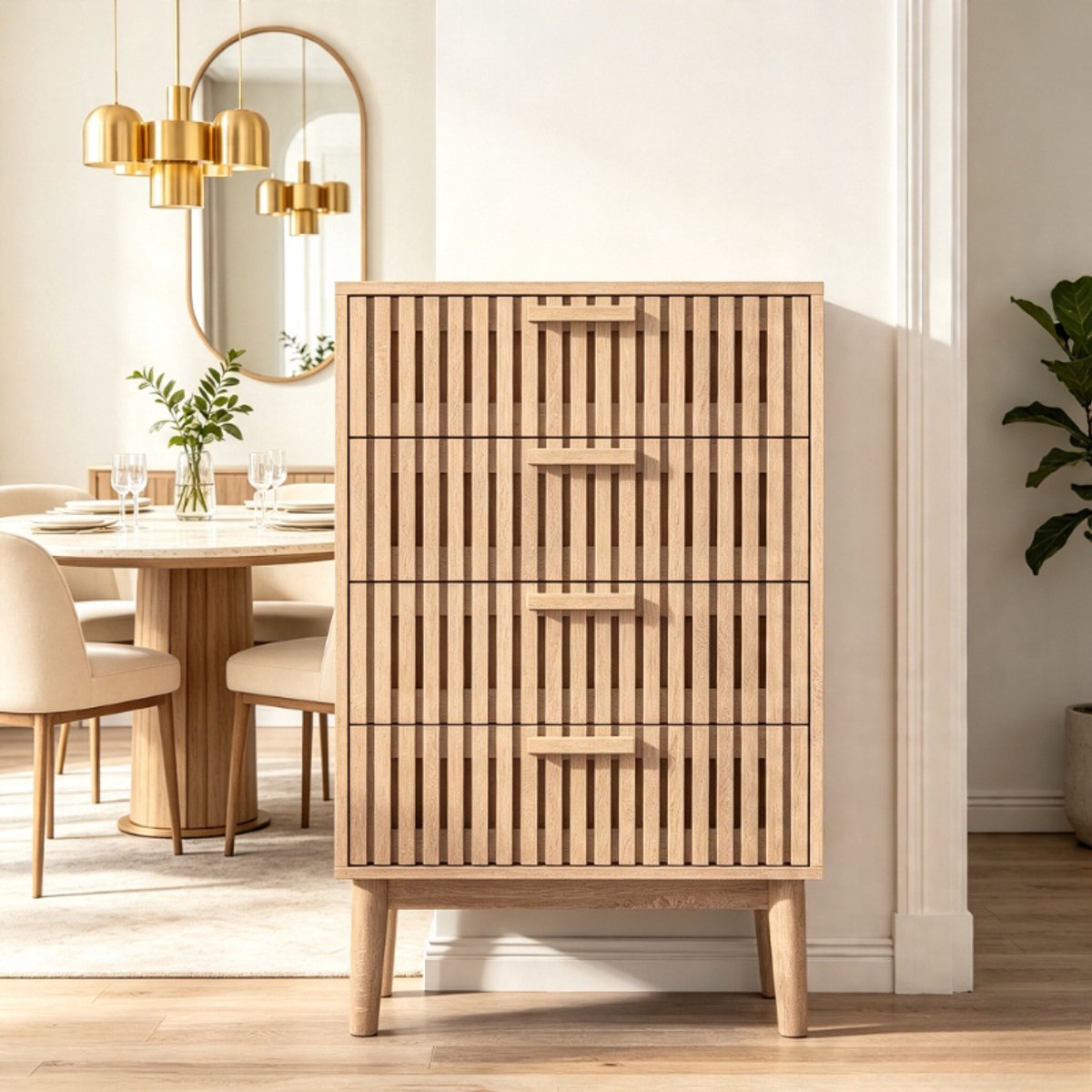 Ladekast 60x34x91 cm, moderne opbergkast met 4 lades, dressoir kast voor woonkamer, houten kast in naturel houtkleur, opbergmeubel