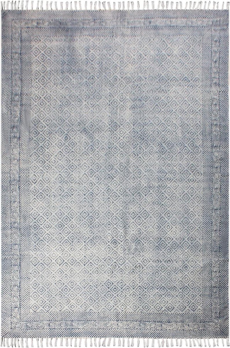 Handbedrukt Tapijt - Katoenen Vloerkleed - Woonkamer Decoratie - Omkeerbaar Ontwerp - 150 x 240 cm - Blauw