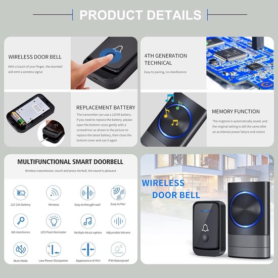Productdetails van de draadloze deurbel, inclusief gebruik en functies zoals "LED Flash Reminder" en "IP44 Waterproof".
