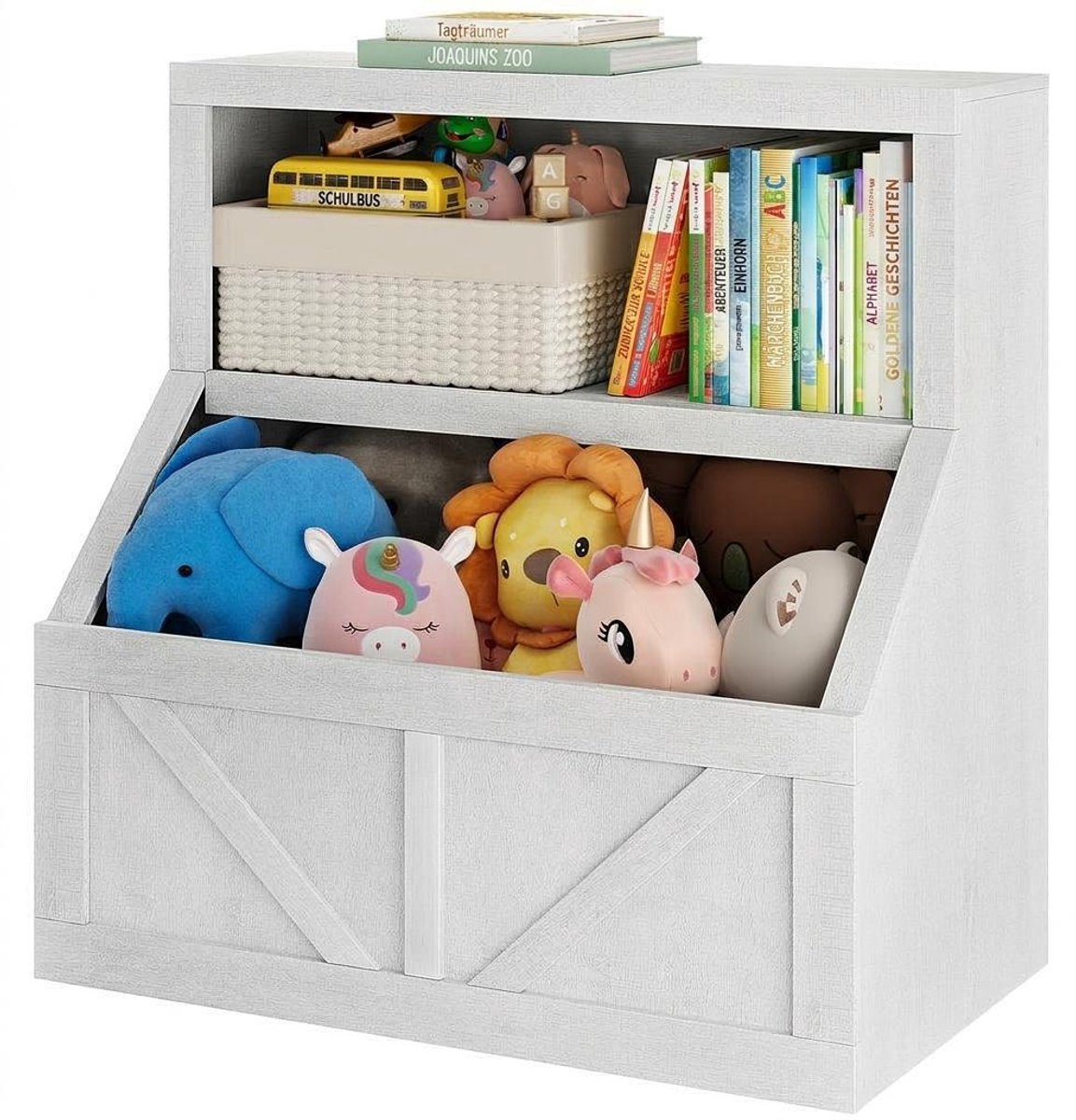 Houten kinderboekenrek en speelgoedopbergmeubel met grote opbergkast – kantelveilig peuterboekenrek voor speelkamer, babykamer, kinderkamer en studieruimte