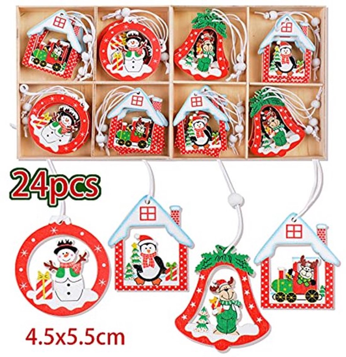 24 stuks kerstdecoratie, houten hangornamenten met kersthuis en balpatroon, kerstpendant, decoratie voor kerstboom, decoratie enz. (4 stijlen)