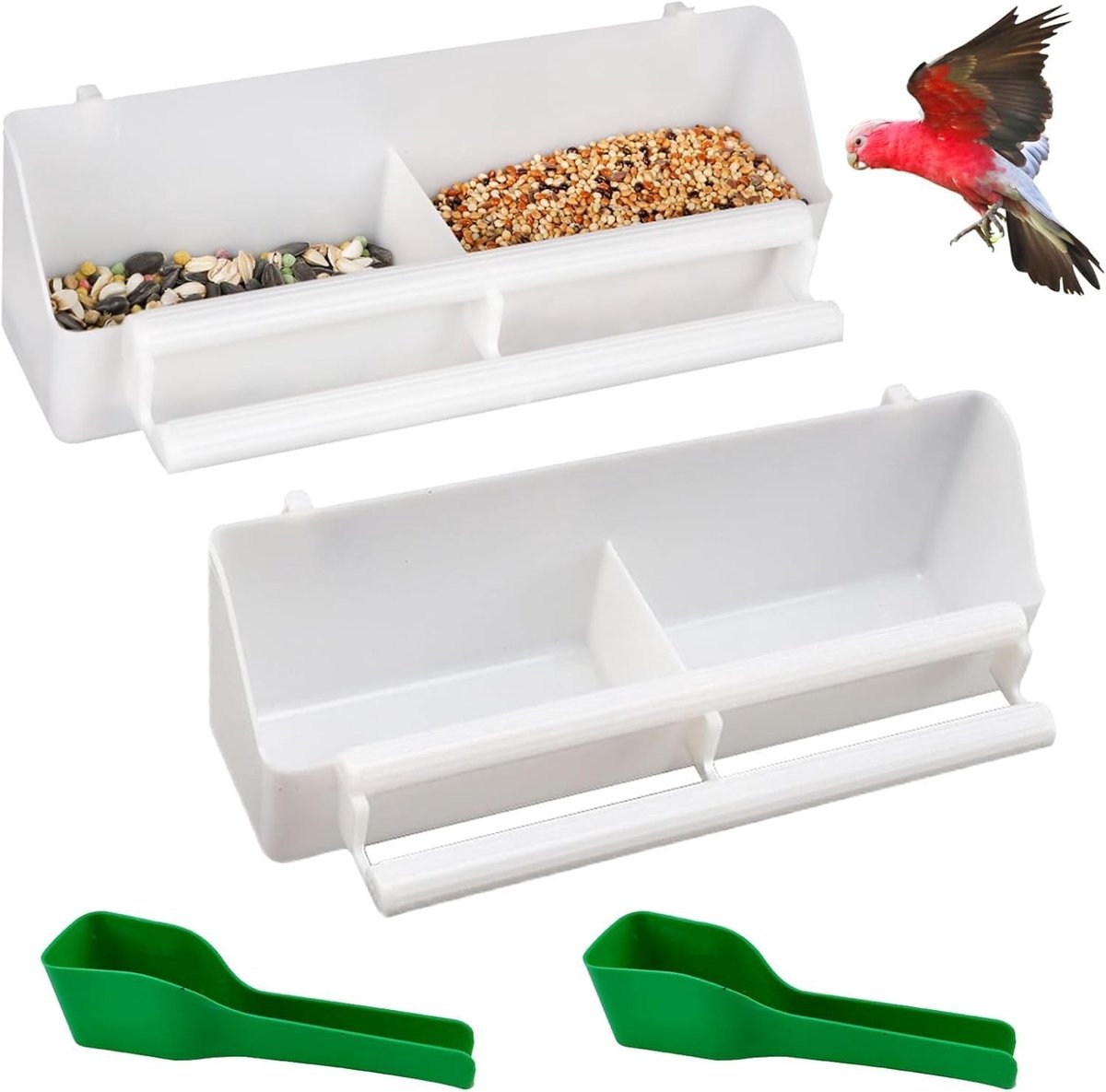 Dubbele vogelvoederbak voor vogels en papegaaien, kunststof hangbak met 2 voederlepels, ideaal voor buitengebruik en tuindecoratie