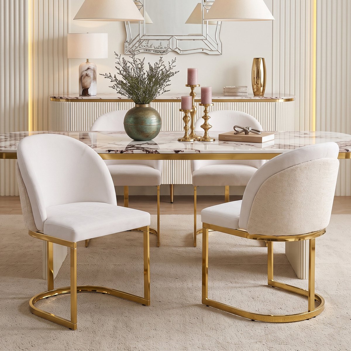 OKWISH Eetkamerstoel - Dubbele Rugleuning En Zachte Chenille - Set Van 2 - Metaal - Modern - Beige En Goud - Zonder Armleuning