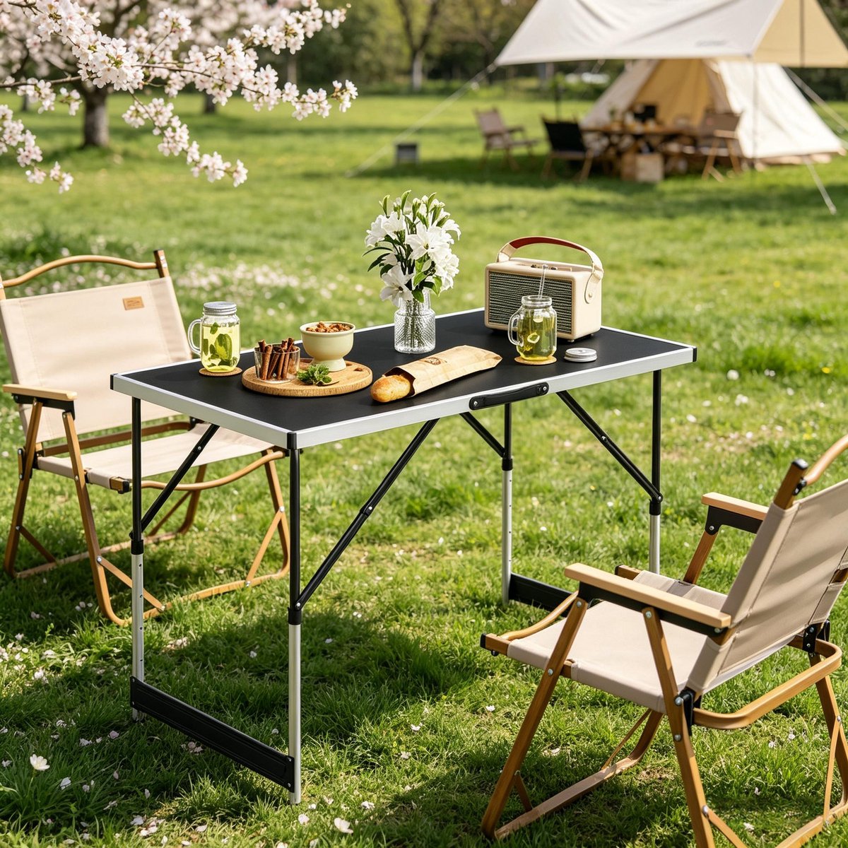 FloraGrace Tuintafel - In Hoogte Verstelbaar En Opklapbaar - Voor Camping, Tuin En Balkon - Aluminium En MDF - 100x60x73-94 Cm - Zwart