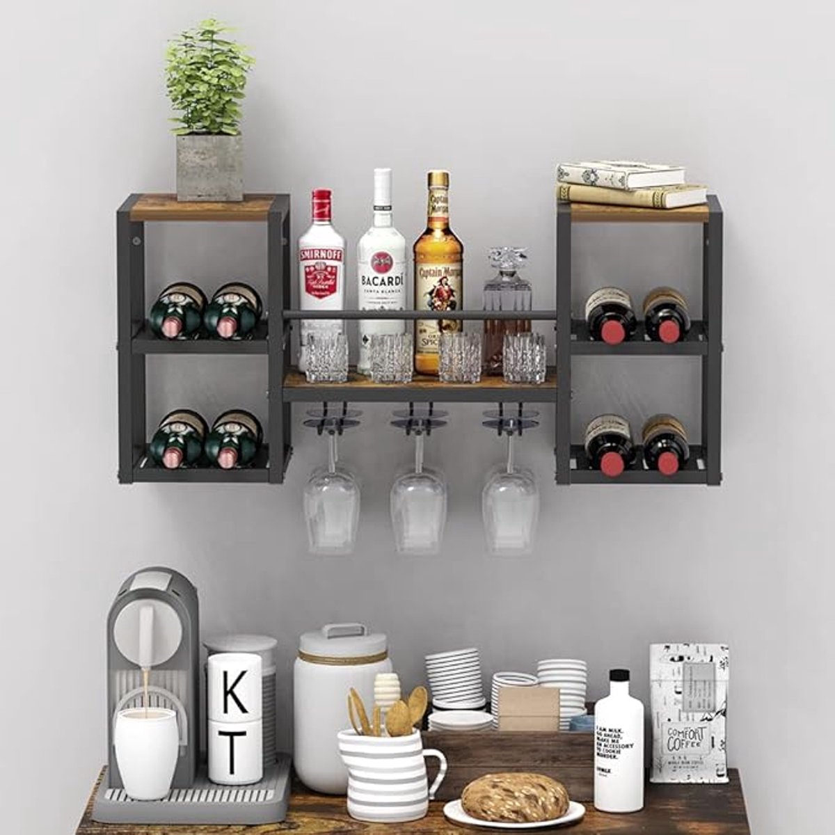 Industrieel Wijnrek Voor Aan De Muur - Met 3 Glazenhouders En Houten Plank - Zwarte Metalen Wijnfleshouder - Multifunctioneel Wijndisplay Voor Thuisbar, Keuken, Eetkamer En Woonruimte