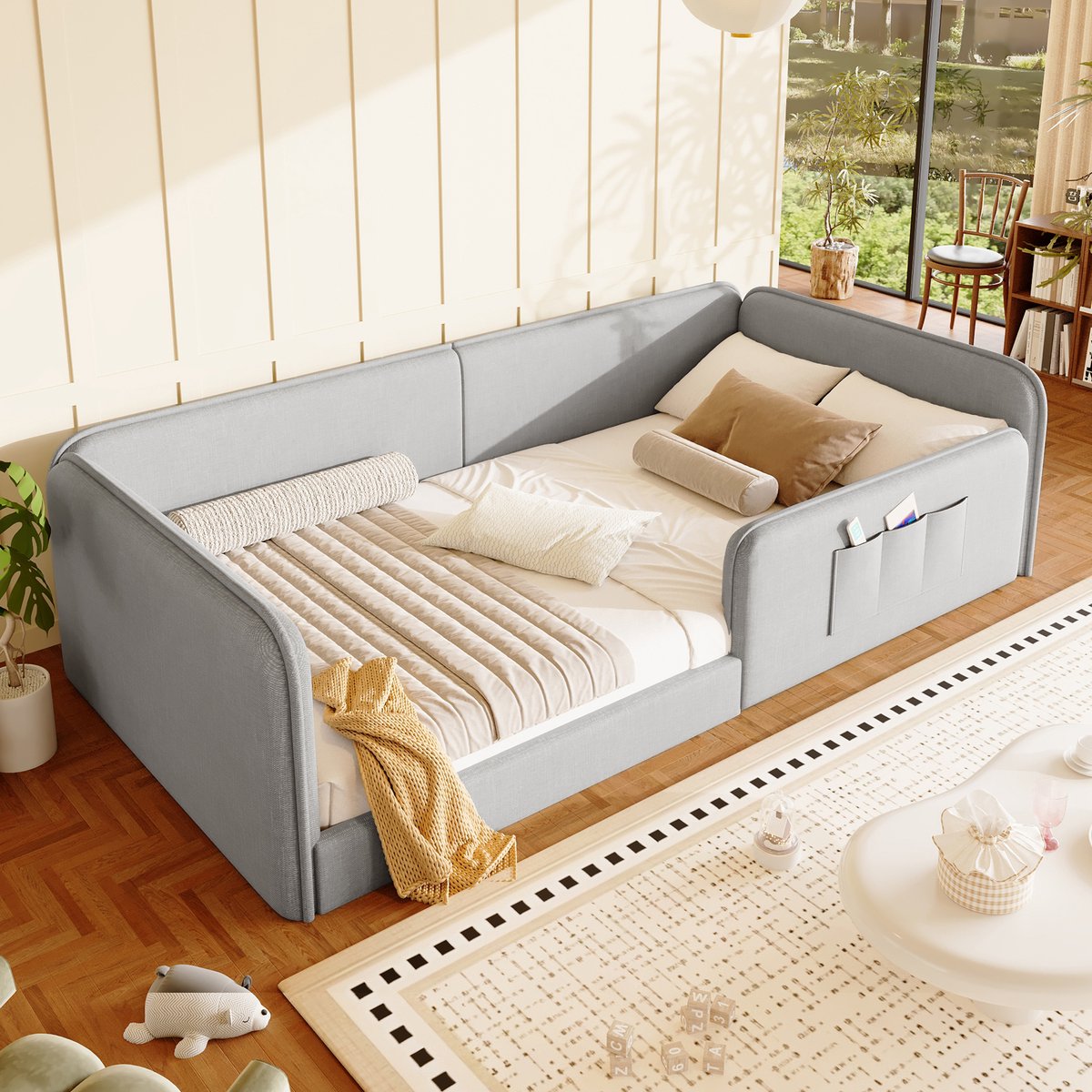 Wishdor - Bed - 90x200 cm gestoffeerd platformbed - met veiligheidsrand en opbergvakken - modern eenpersoonsbed voor slaapkamer - stof - grijs