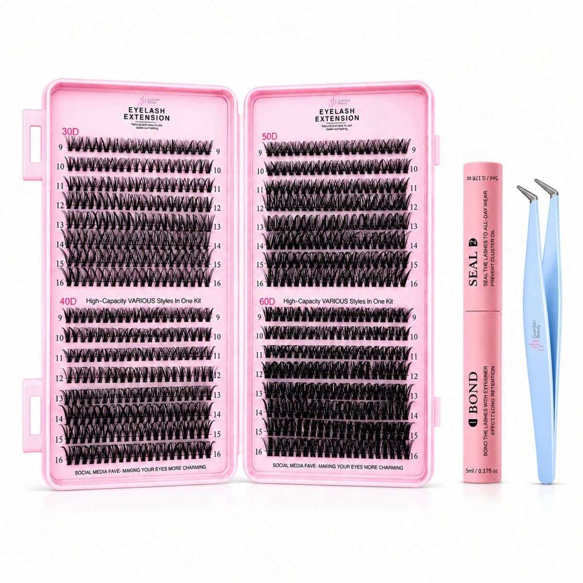 Guardian Beauty Wimper Extensions Set - DIY Cluster Wimpers 60D Mix - Bond & Seal Wimperlijm 10ml - Dubbelkoppig - Inclusief Blauw Pincet