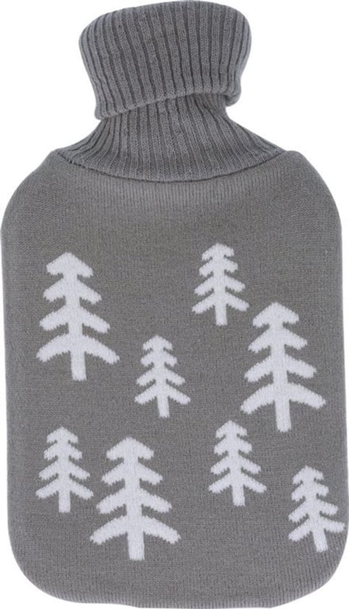 Warmwaterkruik 1L met Zachte Gebreide Cover en Wintermotief - 33 cm - Dennenbos - Grijs/Wi
