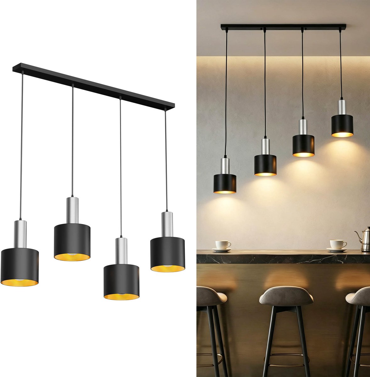 Hanglamp 4-lichts E27 met Warm Wit Licht - Moderne Pendellamp van Metaal Mat Zwart - in Hoogte Verstelbaar voor Woonkamer Eettafel Keuken - Inclusief 4 Edison Lampen - NAIZY