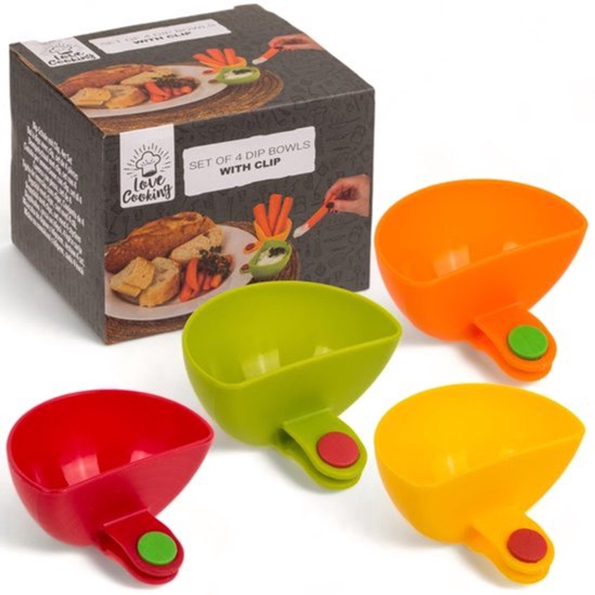 Set van 4 dipschalen met clip - Ruimtebesparend - Diameter 7,5 cm - Kleurrijk BPA-vrij plastic